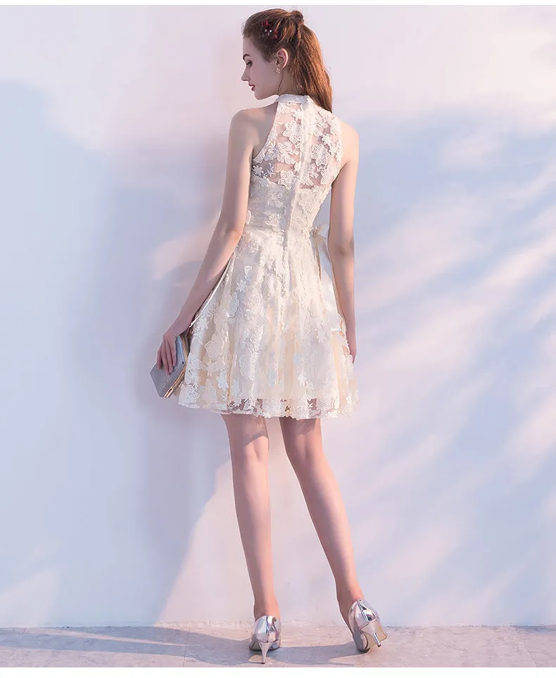 Light Champagne Lace Knee Length Halter Party Dresses, Short Lace Homecoming Dresses