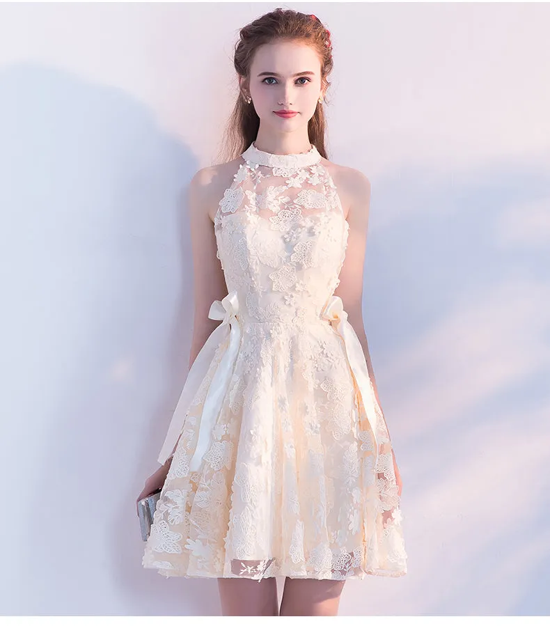 Light Champagne Lace Knee Length Halter Party Dresses, Short Lace Homecoming Dresses