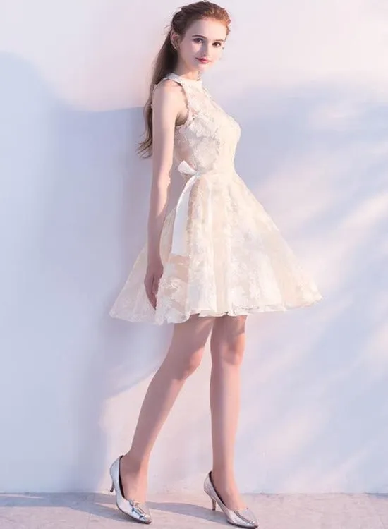 Light Champagne Lace Knee Length Halter Party Dresses, Short Lace Homecoming Dresses