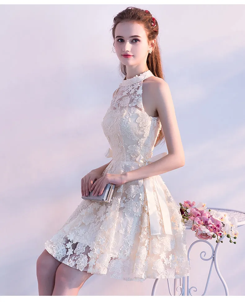 Light Champagne Lace Knee Length Halter Party Dresses, Short Lace Homecoming Dresses