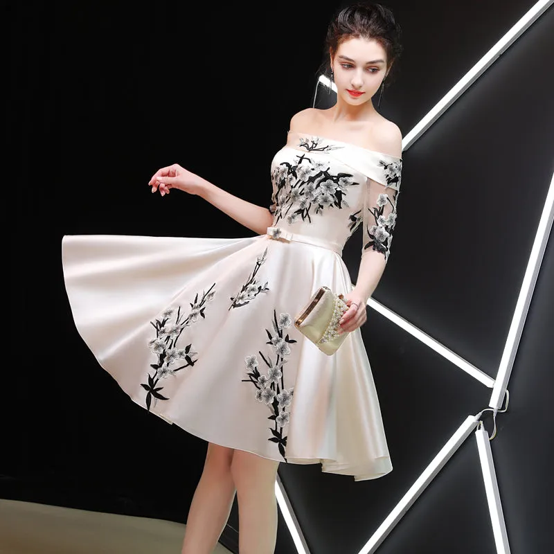 Light Champagne Satin Off Shoulder Homecoming Dress Prom Dress, Champagne Party Dress