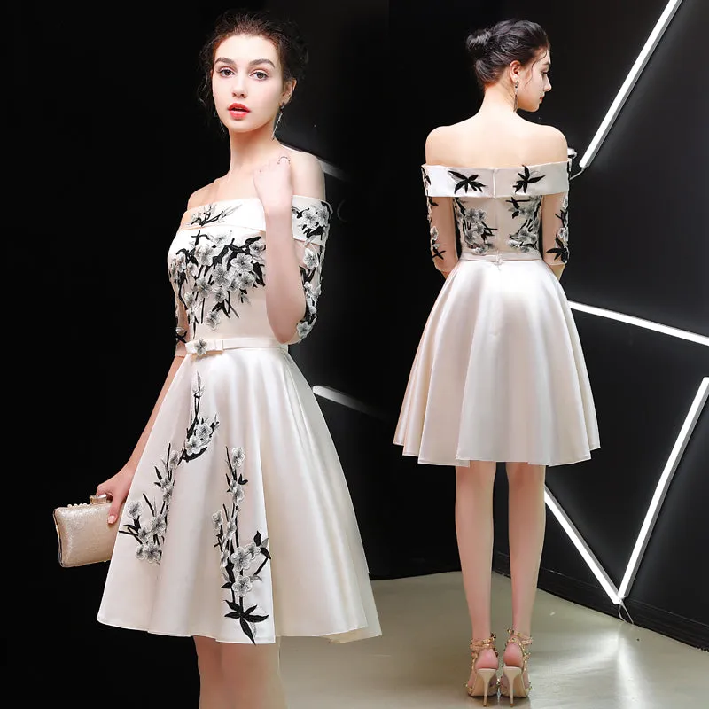 Light Champagne Satin Off Shoulder Homecoming Dress Prom Dress, Champagne Party Dress