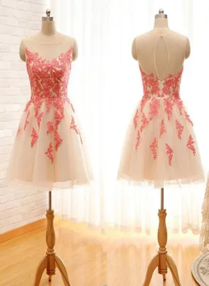Light Champagne Short Tulle Party Dress with Pink Lace Applique, Homecoming Dress