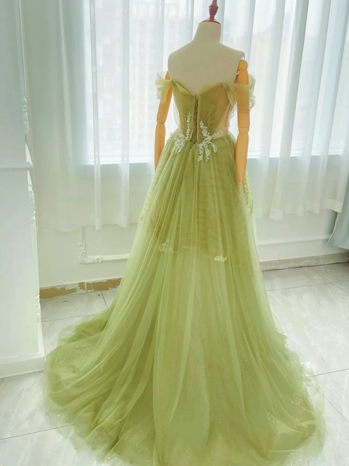 Light Green Off Shoulder Tulle A-line Prom Dress, Green Tulle Party Dress