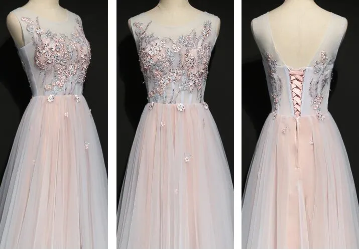 Light Pink Floral Tulle A-line Prom Dress 2020, Long Party Dress
