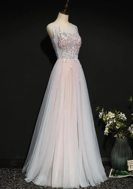 Light Pink Floral Tulle A-line Prom Dress 2020, Long Party Dress