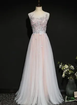 Light Pink Floral Tulle A-line Prom Dress 2020, Long Party Dress