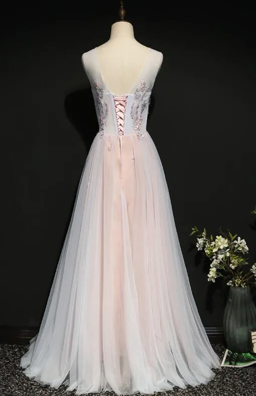 Light Pink Floral Tulle A-line Prom Dress 2020, Long Party Dress
