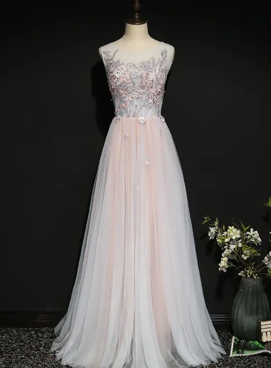 Light Pink Floral Tulle A-line Prom Dress 2020, Long Party Dress
