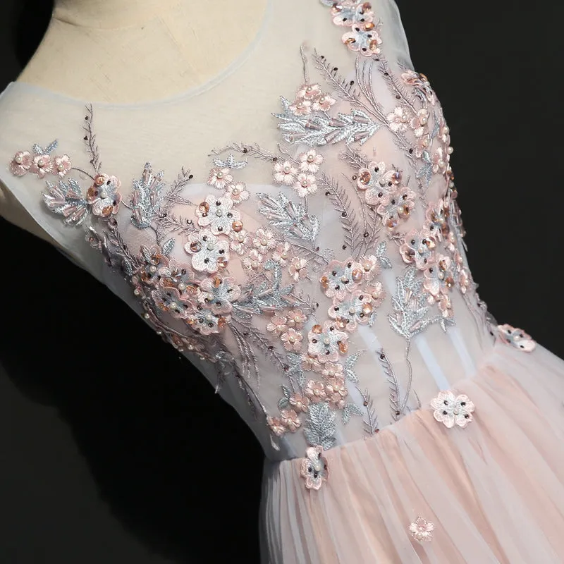 Light Pink Floral Tulle A-line Prom Dress 2020, Long Party Dress