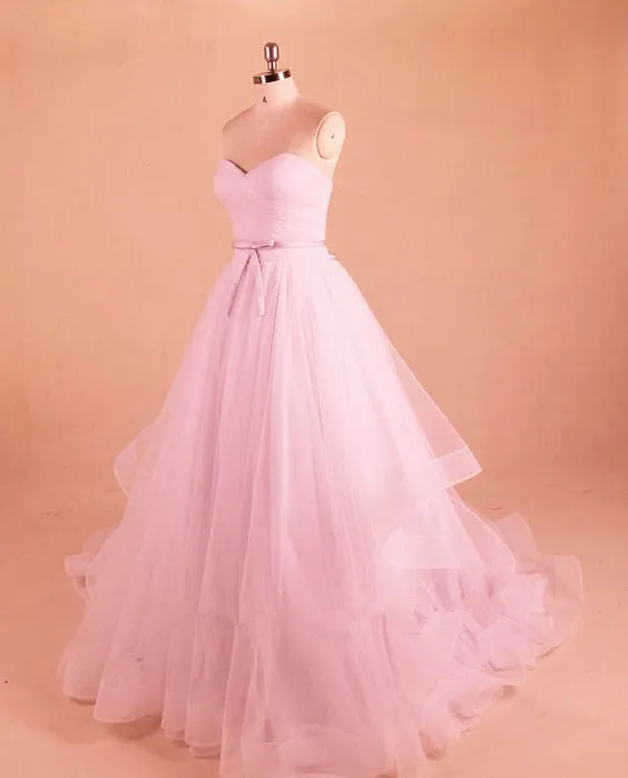 Light Pink Sweet 16 Dress, Pink Tulle Sweetheart Long Party Dress, Pink Gowns