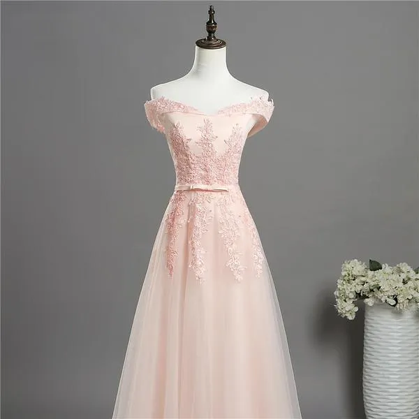 Light Pink Sweetheart Lace Applique Long Party Dress, Pink Bridesmaid Dress