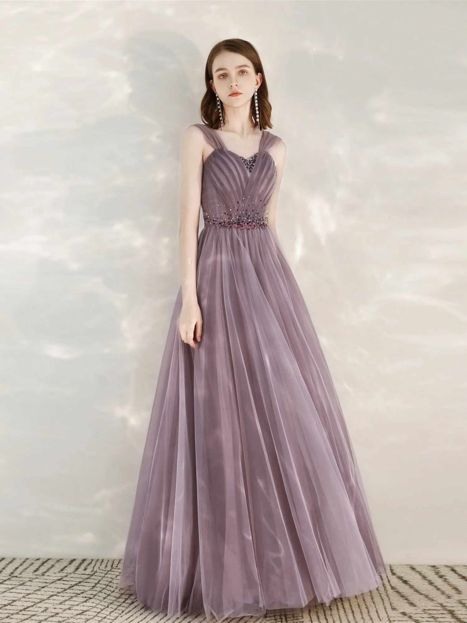 Light Purple Sweetheart Off ShoulderTulle A-line Formal Dress, Purple Prom Dress Evening Dress