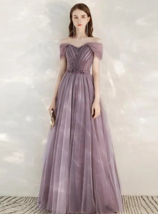 Light Purple Sweetheart Off ShoulderTulle A-line Formal Dress, Purple Prom Dress Evening Dress