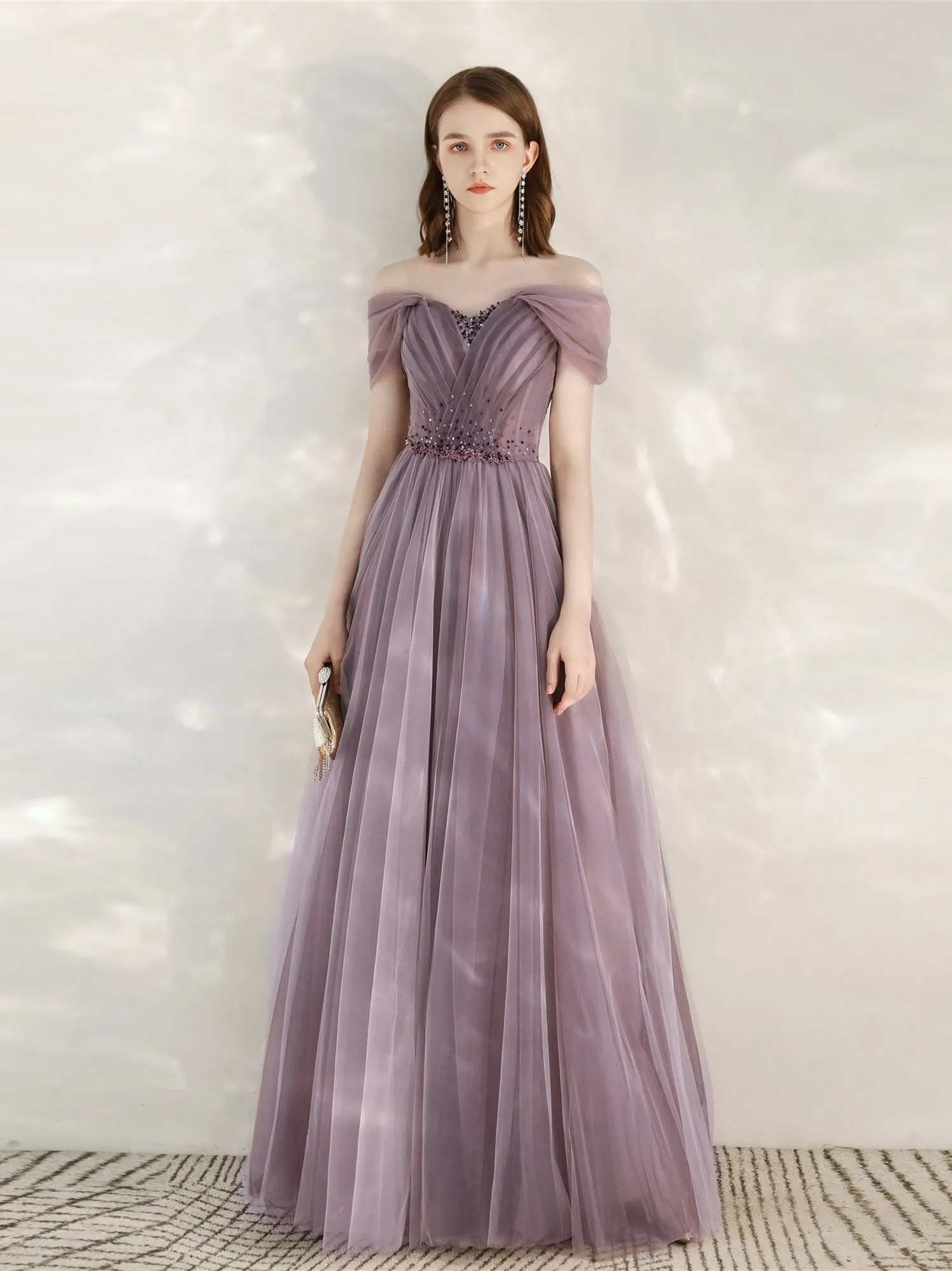 Light Purple Sweetheart Off ShoulderTulle A-line Formal Dress, Purple Prom Dress Evening Dress