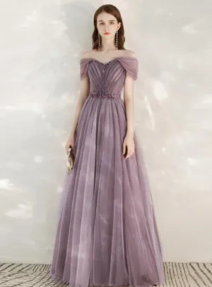 Light Purple Sweetheart Off ShoulderTulle A-line Formal Dress, Purple Prom Dress Evening Dress