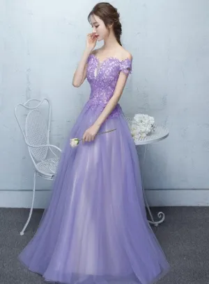 Light Purple Tulle with Lace Applique Off Shoulder Party Gown, Prom Dress