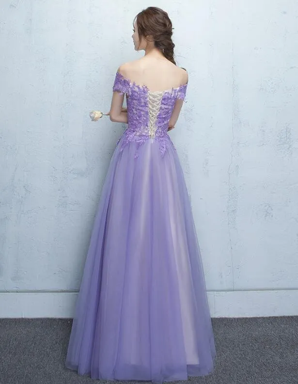 Light Purple Tulle with Lace Applique Off Shoulder Party Gown, Prom Dress