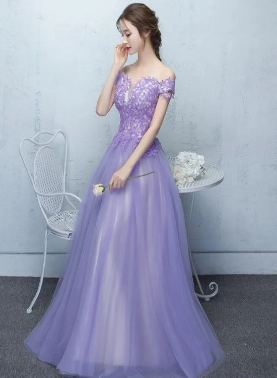 Light Purple Tulle with Lace Applique Off Shoulder Party Gown, Prom Dress