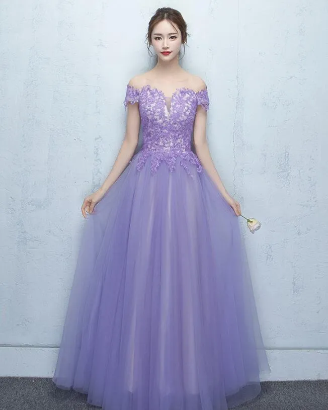 Light Purple Tulle with Lace Applique Off Shoulder Party Gown, Prom Dress