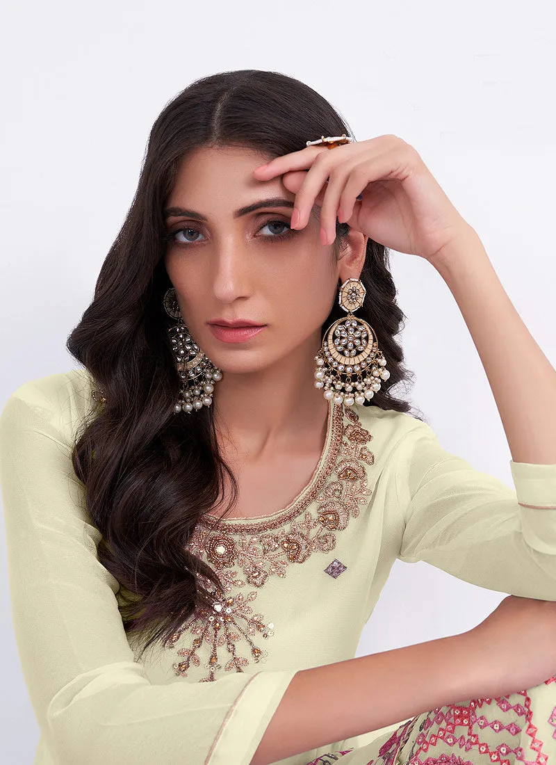 Light Yellow and Pink Embroidered Gharara Suit