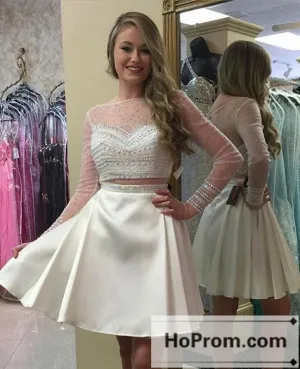 Long Sleeves Beading Ivory Prom Dresses Homecoming Dresses
