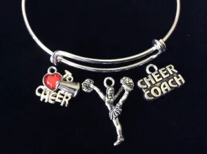 Love to Cheer Coach with Cheerleader Expandable Silver Charm Bracelet Adjustable Wire Bangle Handmade Gift Trendy Stacking Bangles