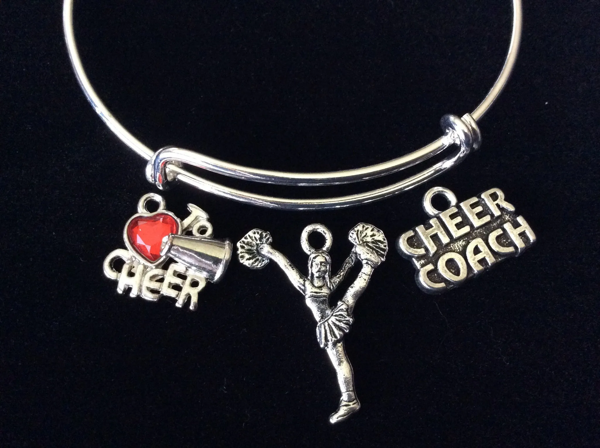 Love to Cheer Coach with Cheerleader Expandable Silver Charm Bracelet Adjustable Wire Bangle Handmade Gift Trendy Stacking Bangles