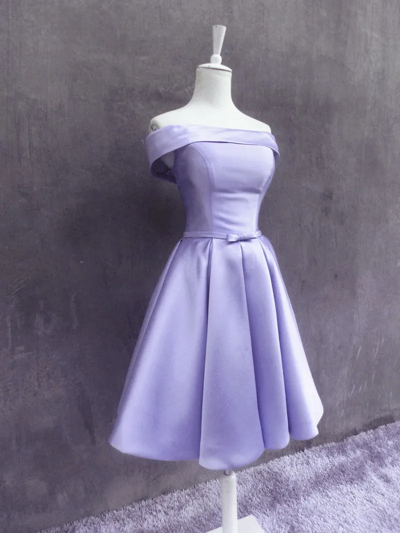 Lovely Off Shoulder Style Light Purple Satin Homecoming Dress, Short Prom Dress