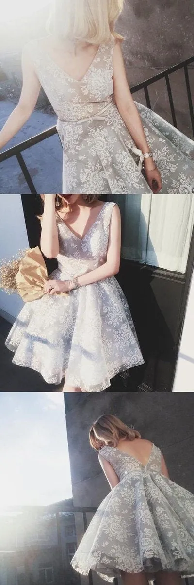 Lovely Unique Lace Tulle V Neck Short Prom Dress Homecoming Dresses, MH252
