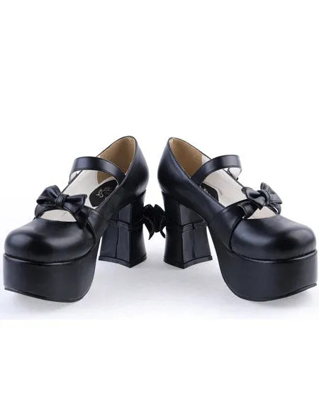 Matte Black Lolita Chunky Heels Shoes Platform Bows Decor Buckle