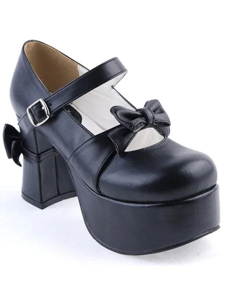 Matte Black Lolita Chunky Heels Shoes Platform Bows Decor Buckle