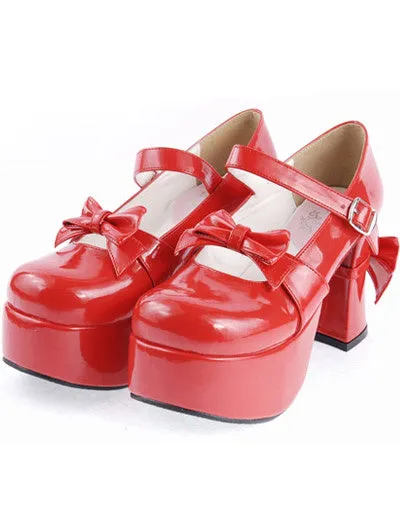 Matte Black Lolita Chunky Heels Shoes Platform Bows Decor Buckle