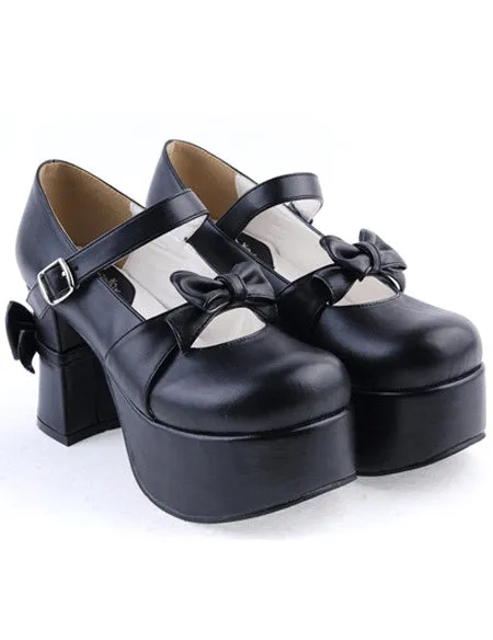 Matte Black Lolita Chunky Heels Shoes Platform Bows Decor Buckle
