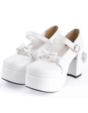 Matte Black Lolita Chunky Heels Shoes Platform Bows Decor Buckle