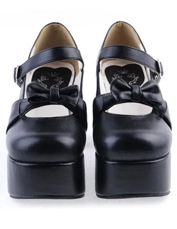 Matte Black Lolita Chunky Heels Shoes Platform Bows Decor Buckle