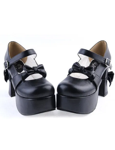 Matte Black Lolita Chunky Heels Shoes Platform Bows Decor Buckle