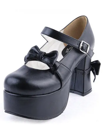 Matte Black Lolita Chunky Heels Shoes Platform Bows Decor Buckle