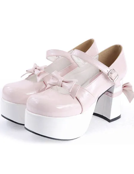 Matte Black Lolita Chunky Heels Shoes Platform Bows Decor Buckle
