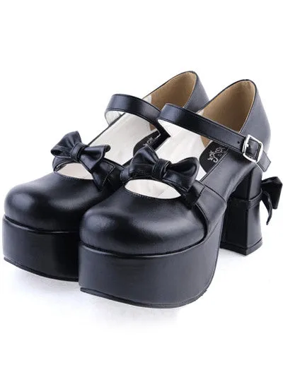 Matte Black Lolita Chunky Heels Shoes Platform Bows Decor Buckle