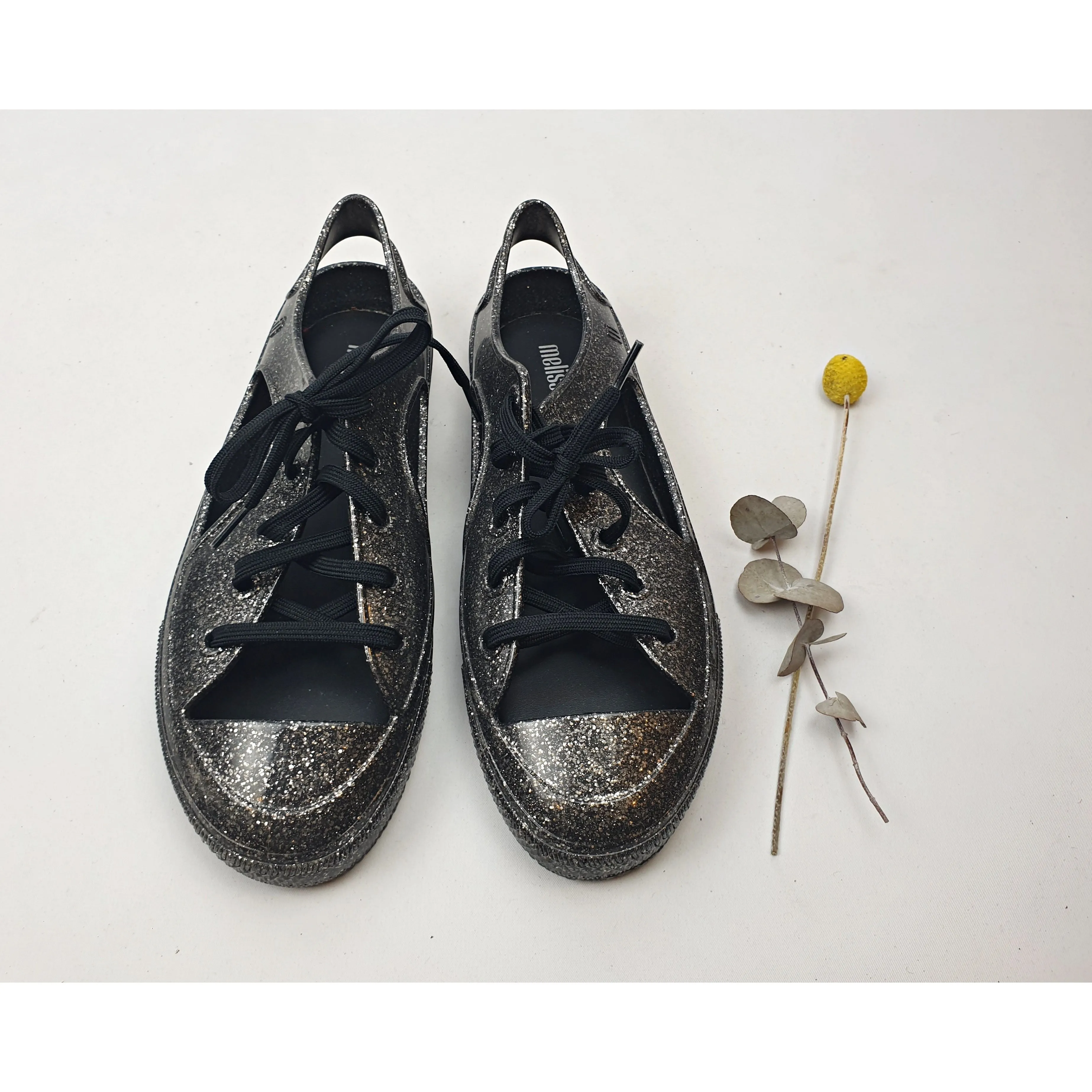 Melissa Shoes black plastic laceup shoes with silver sparkles size 39