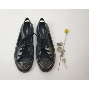 Melissa Shoes black plastic laceup shoes with silver sparkles size 39