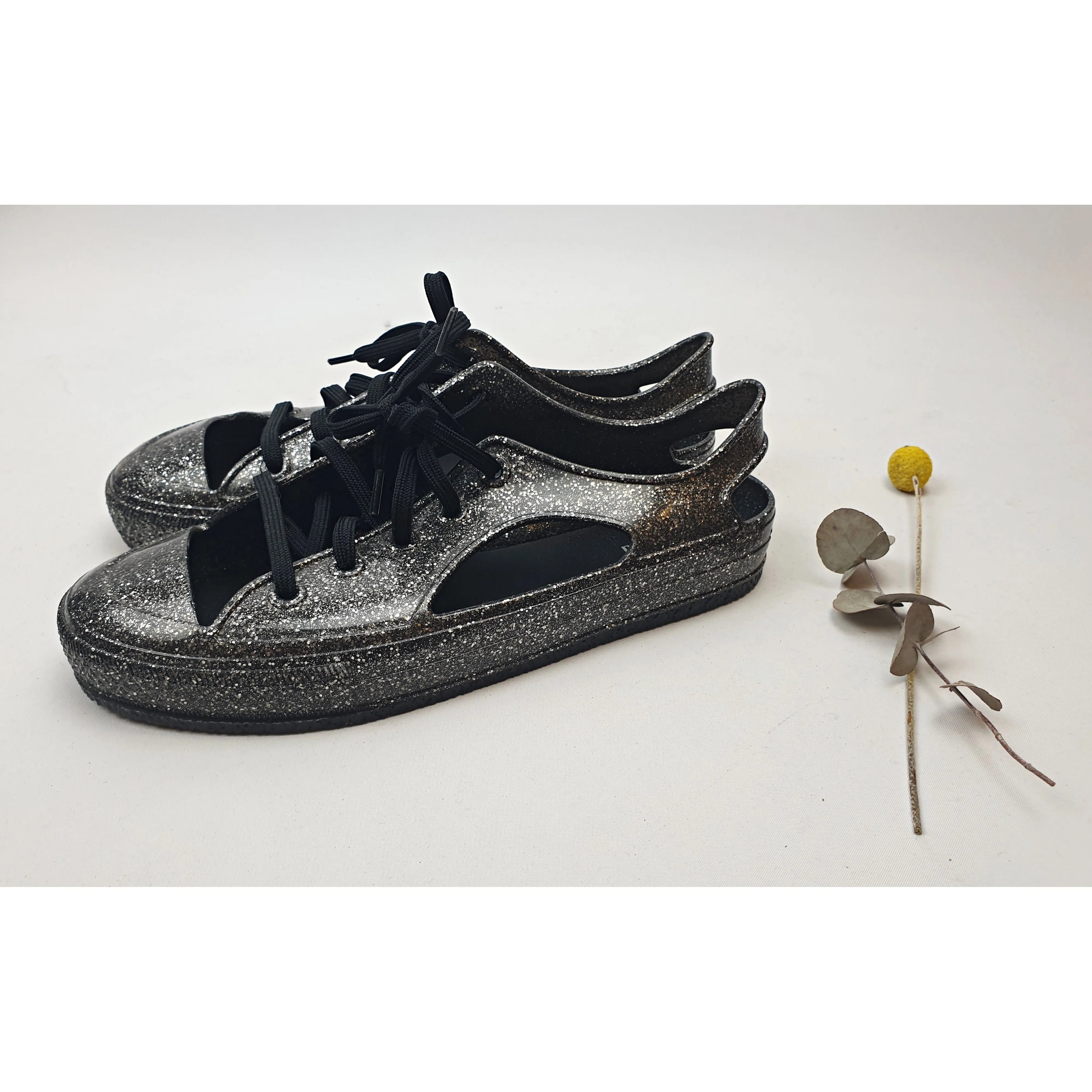 Melissa Shoes black plastic laceup shoes with silver sparkles size 39