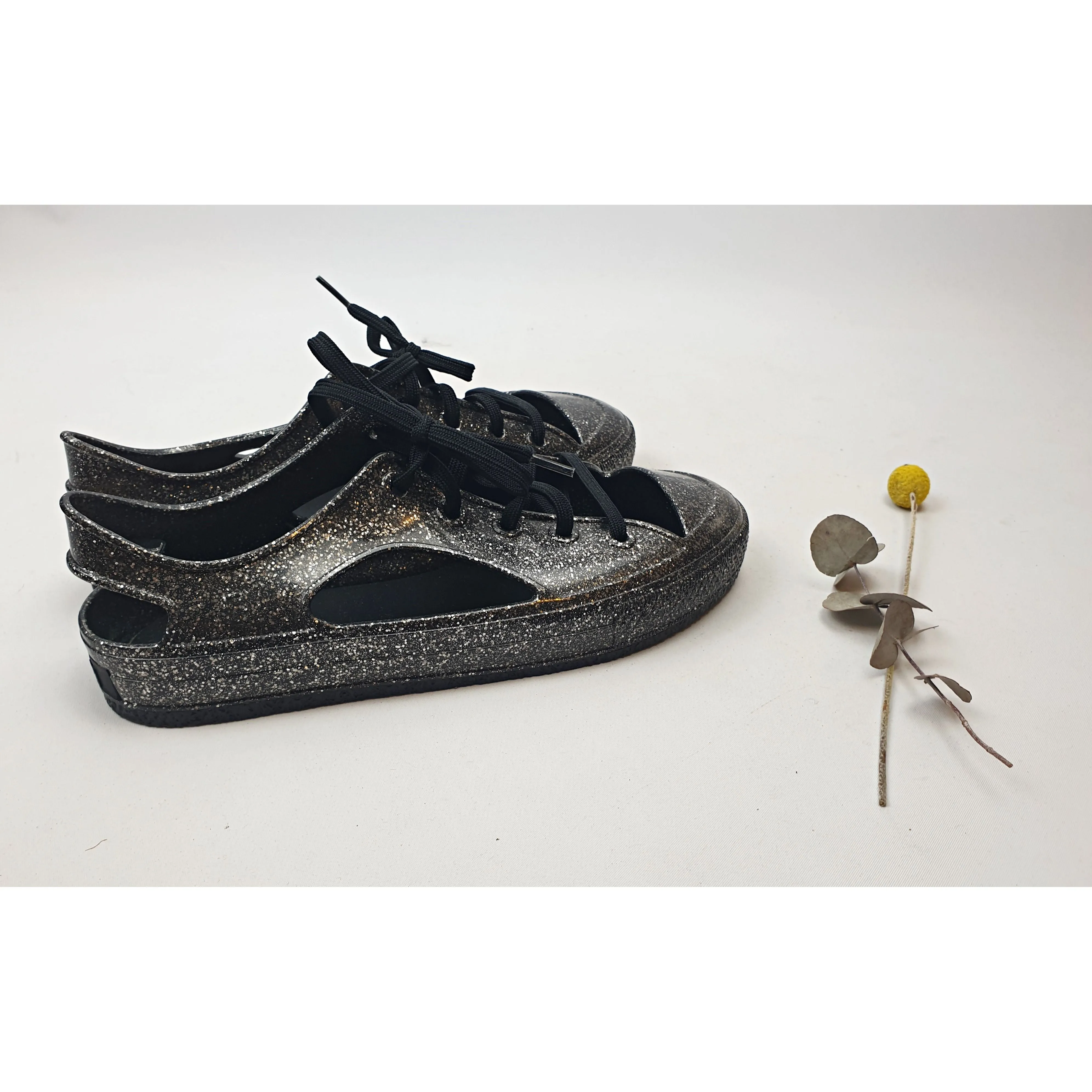 Melissa Shoes black plastic laceup shoes with silver sparkles size 39