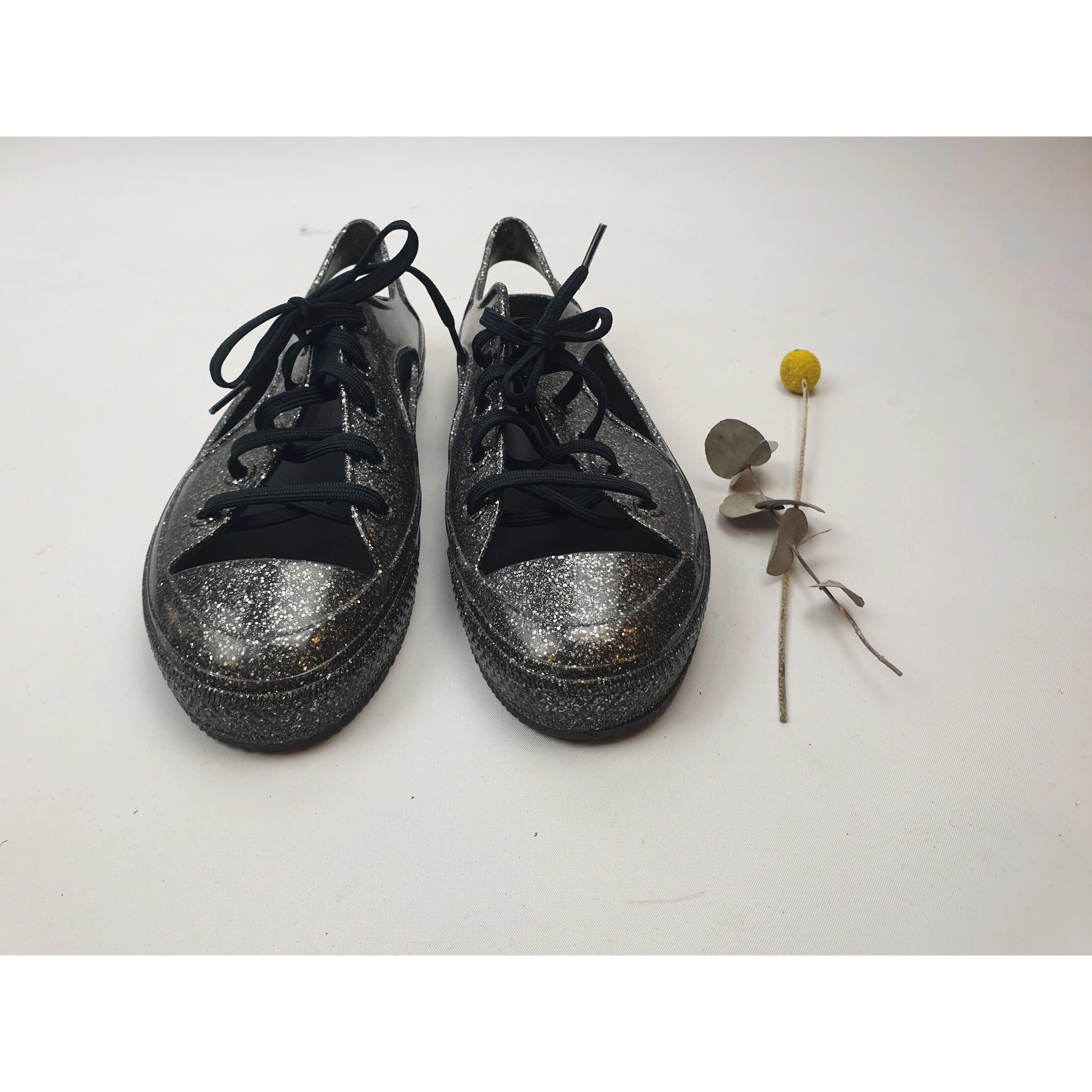 Melissa Shoes black plastic laceup shoes with silver sparkles size 39