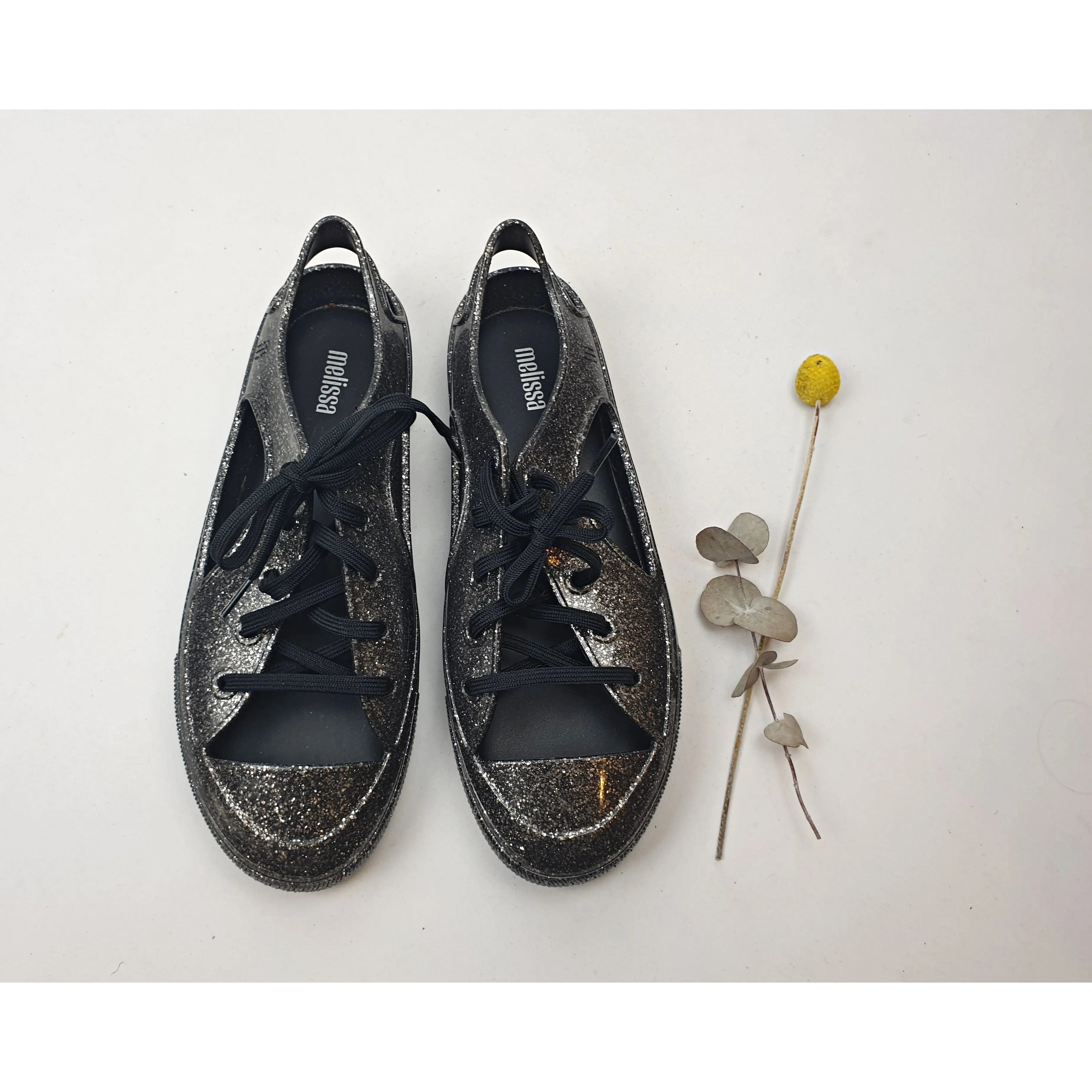 Melissa Shoes black plastic laceup shoes with silver sparkles size 39