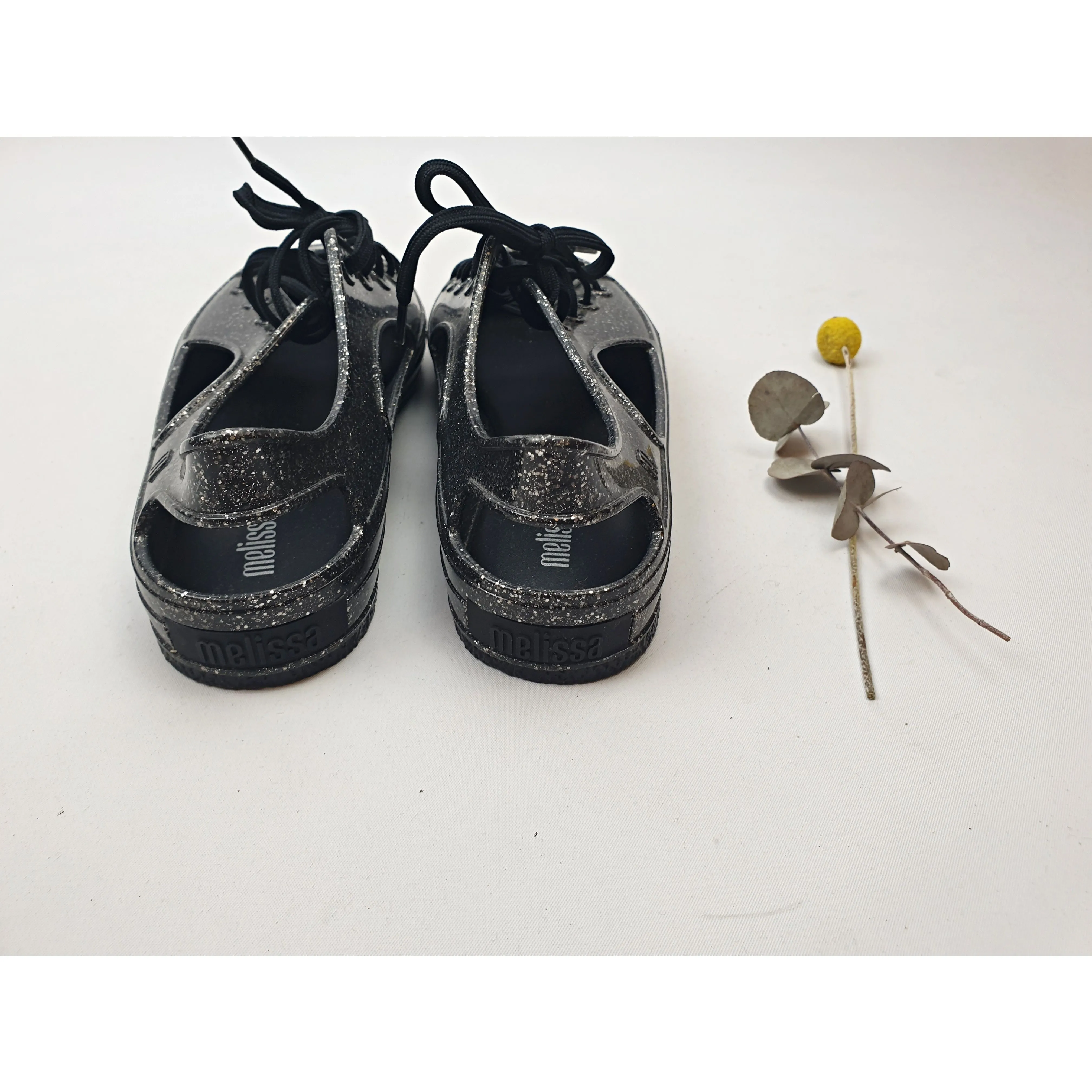 Melissa Shoes black plastic laceup shoes with silver sparkles size 39