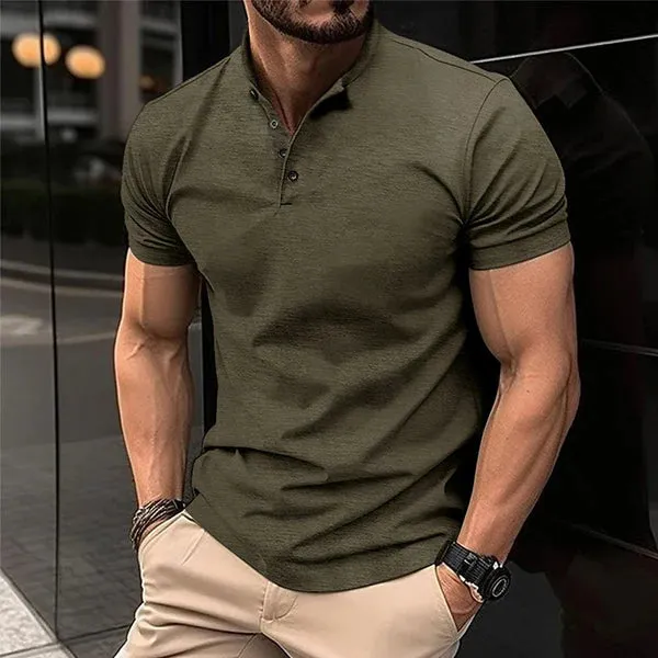 MEN'S SOLID COLOR BUTTON HENLEY NECK SPORTS POLO SHIRT