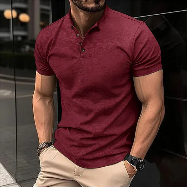 MEN'S SOLID COLOR BUTTON HENLEY NECK SPORTS POLO SHIRT