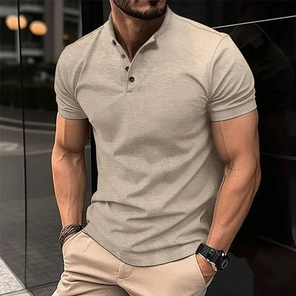 MEN'S SOLID COLOR BUTTON HENLEY NECK SPORTS POLO SHIRT
